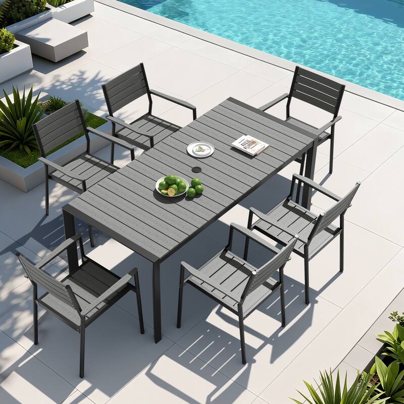 7-Piece Outdoor Patio Dining Set Wood Like Table Top Aluminum Rectangular Umbrella Hole Table with Stackable Armrest Chairs - Grey
