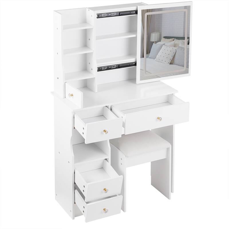 Small Space Vanity Table with Sliding LED Mirror, Multi-Layer Storage, and Comfortable Stool for Modern Bedrooms
