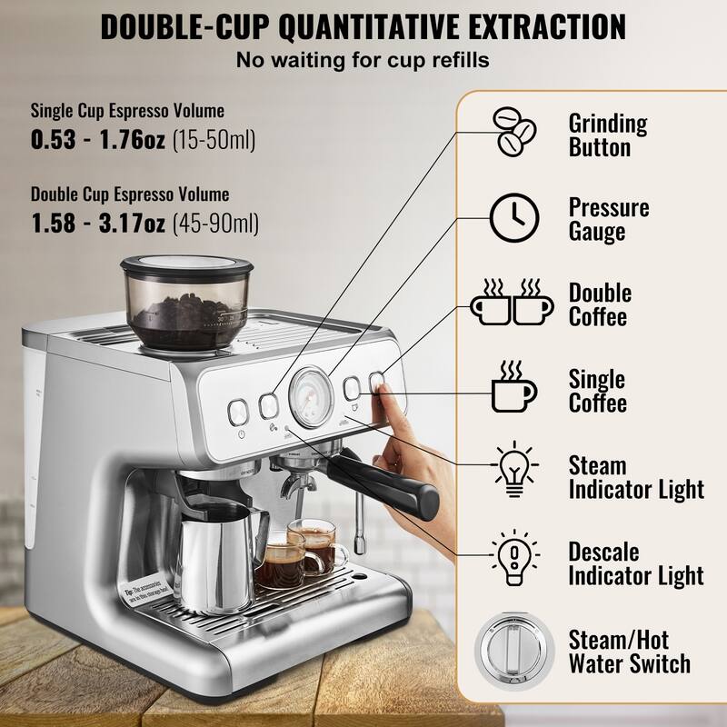 Espresso Machine with Grinder for Cappuccino, Latte, Machiato, PID Control System - 2.96qt