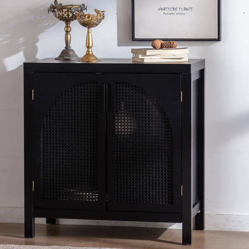 Black Accent Cabinet with Doors, Rattan Sideboard Buffet Cabinets with Storage,29 Inch Narrow Credenzas Storage Cabinet