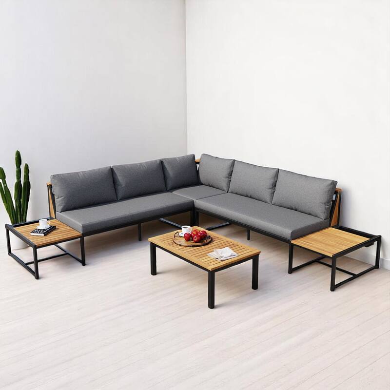 4-Piece Outdoor Sofa Set with Loveseat, Corner Chair, Coffee Table, and Cushions, Iron and Acacia Wood Frame,Patio Furniture set - Gray