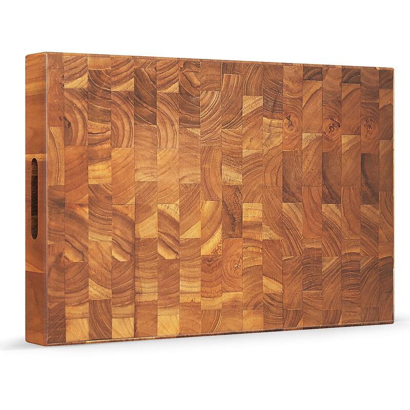 Multi-Purpose Teak Wood End Grain Cutting Board with Hand Grips Reversible Chopping and Serving Board - 18" L x 12" W x 2" H