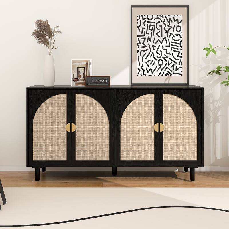 Engineered Rattan Sideboard Accent Storage Cabinet Black Buffet Cabinet - Black