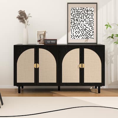 Engineered Rattan Sideboard Accent Storage Cabinet Black Buffet Cabinet
