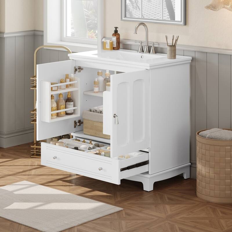 30" Wooden Bathroom Ceramic Sink Cabinet with Shelf, Drawer with Divider