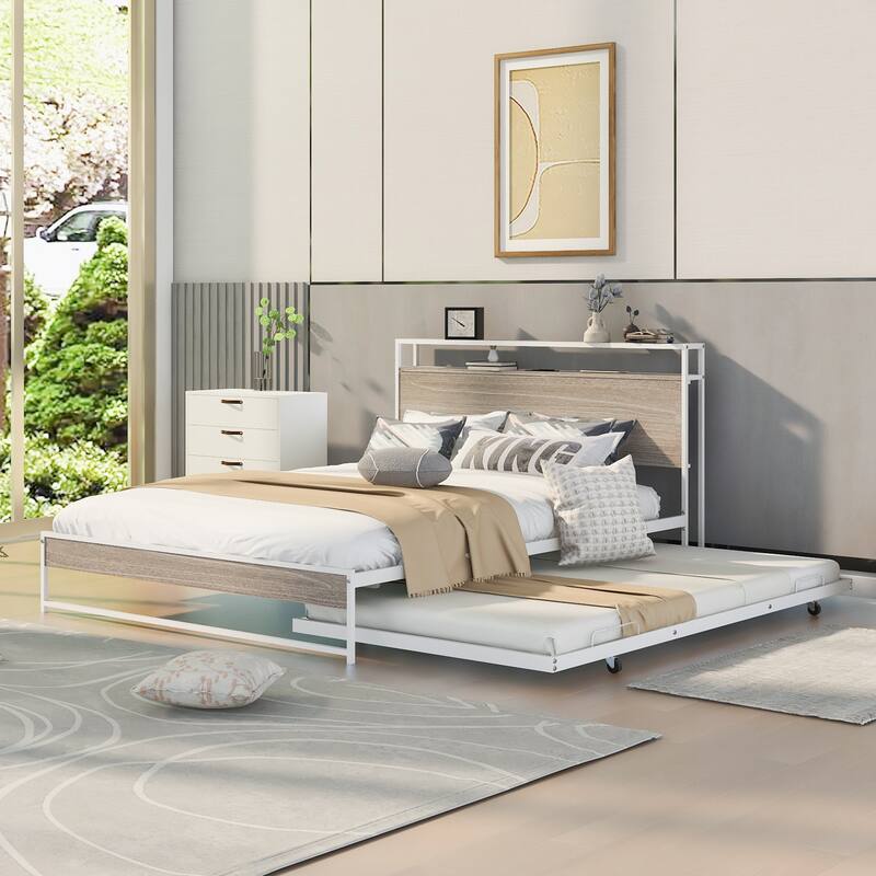 Metal Queen Bed Frame with Trundle and Socket - White - White - Queen