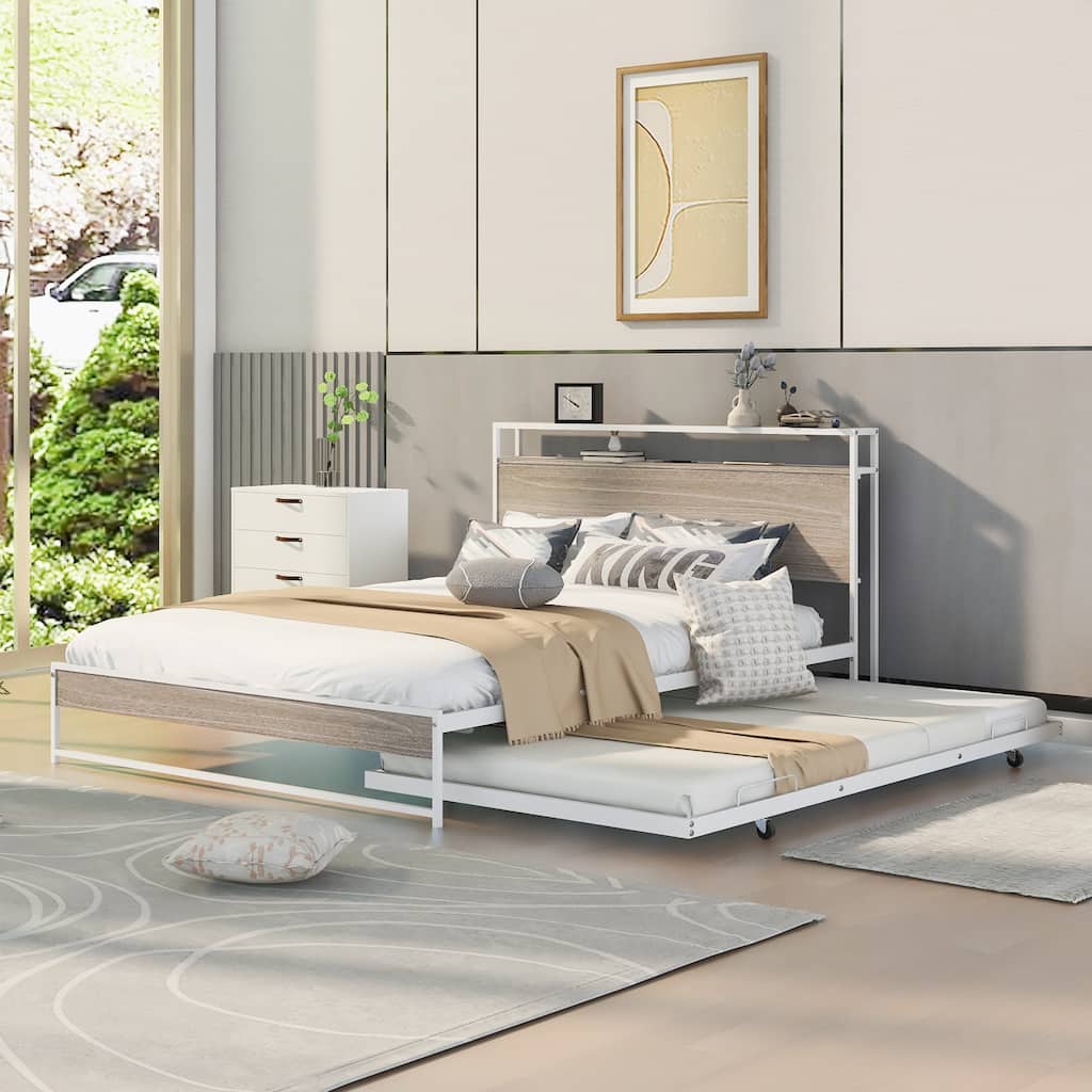 Metal Queen Bed Frame with Trundle and Socket - White