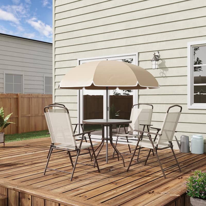 6 Piece Patio Dining Set for 4 with Umbrella, Outdoor Table and Chairs with 4 Folding Dining Chairs & Round Glass Table