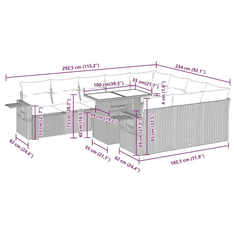vidaXL 11 Piece Patio Sofa Set with Cushions Black Poly Rattan Acacia - 21.7 x 24.4 x 27.2