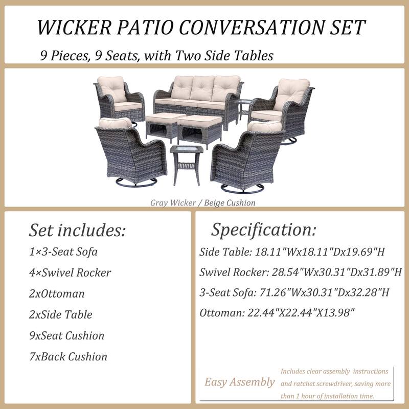9-piece Wicker Outdoor Patio Furniture Sets with Swivel Rocker Chairs