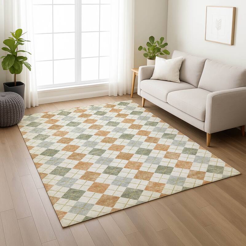 Machine Washable Indoor/ Outdoor Modern Plaid Chantille Rug