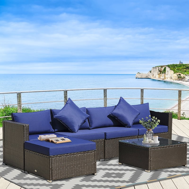 Outsunny 6-Piece Outdoor Patio Rattan Wicker Furniture Set with Comfortable Cotton Cushions, Removable Slip Covers