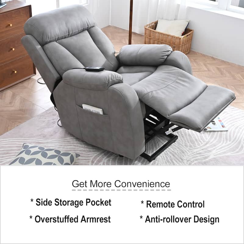 Light Gray Polyester Upholstered Power Lift Recliner for Elderly with Side Pocket, Pillow Top Arms, and Remote Control
