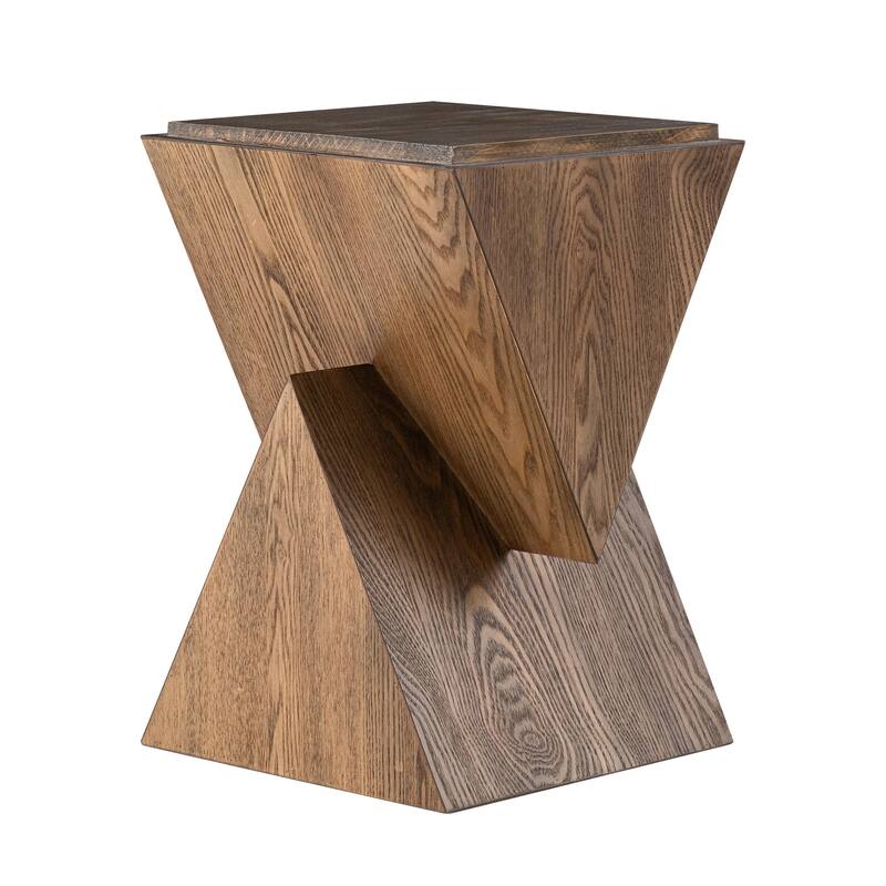 COZAYH Geometric Wood Grain End Table with Structural Design, Farmhouse Side Table with Sculptural Pedestal Base