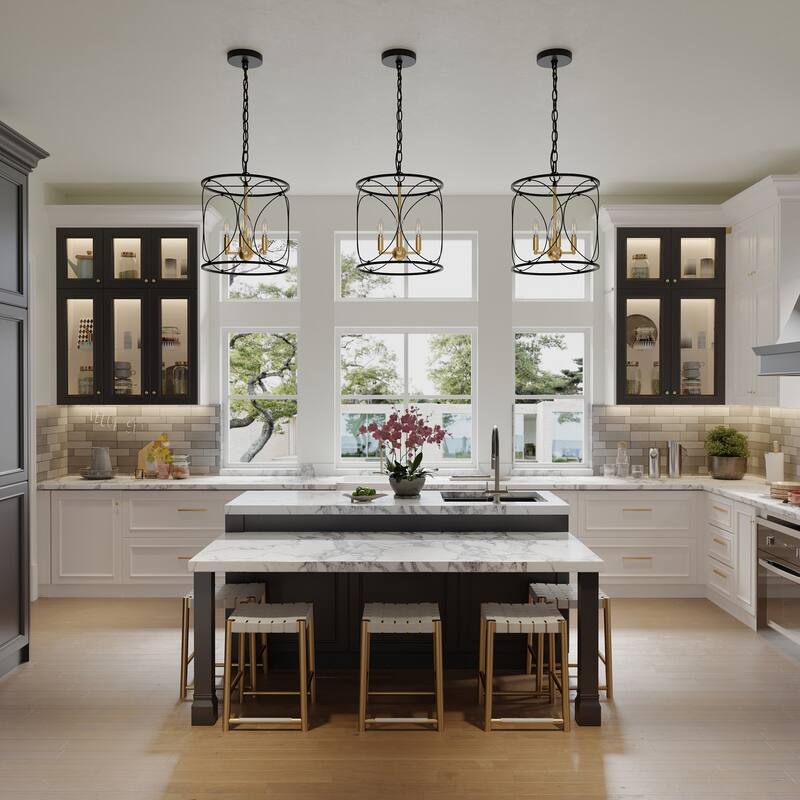 Farmhouse 3-Light Metal Cylinder Frame Pendant Lighting Fixture for Kitchen Island