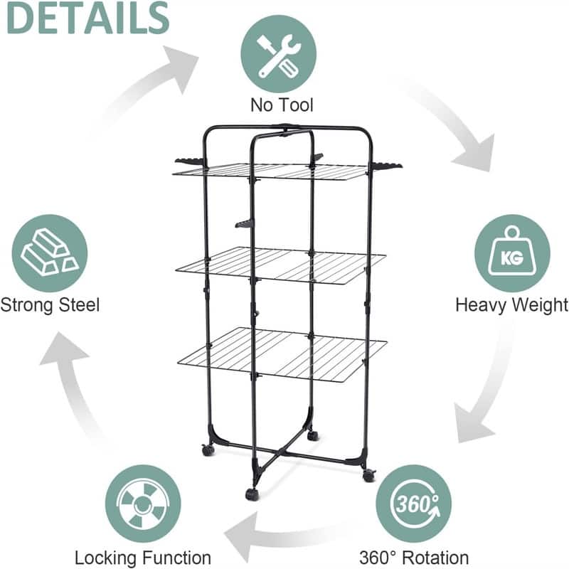 Drying Rack Clothing, 3-Tier Collapsible Clothes Drying Rack with Wheels - 23.6"D x 27.2"W x 54"H