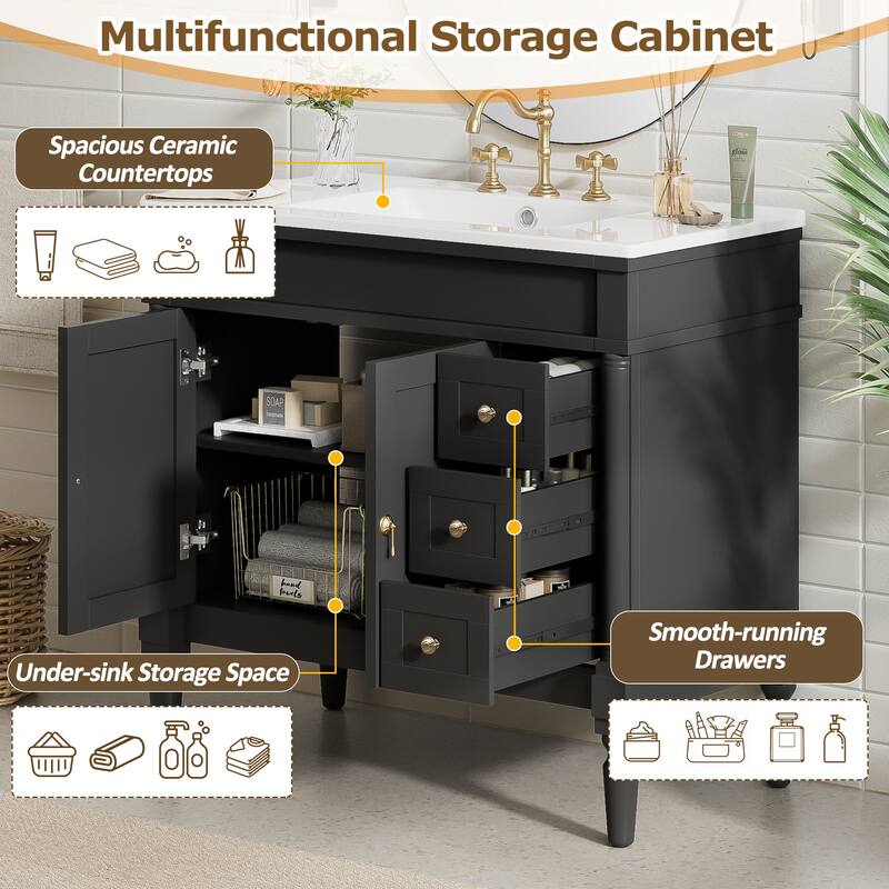 36" Bathroom Vanity with Ceramic Sink, Soft-Close Doors & Drawers, Adjustable Shelves, Modern Storage Cabinet