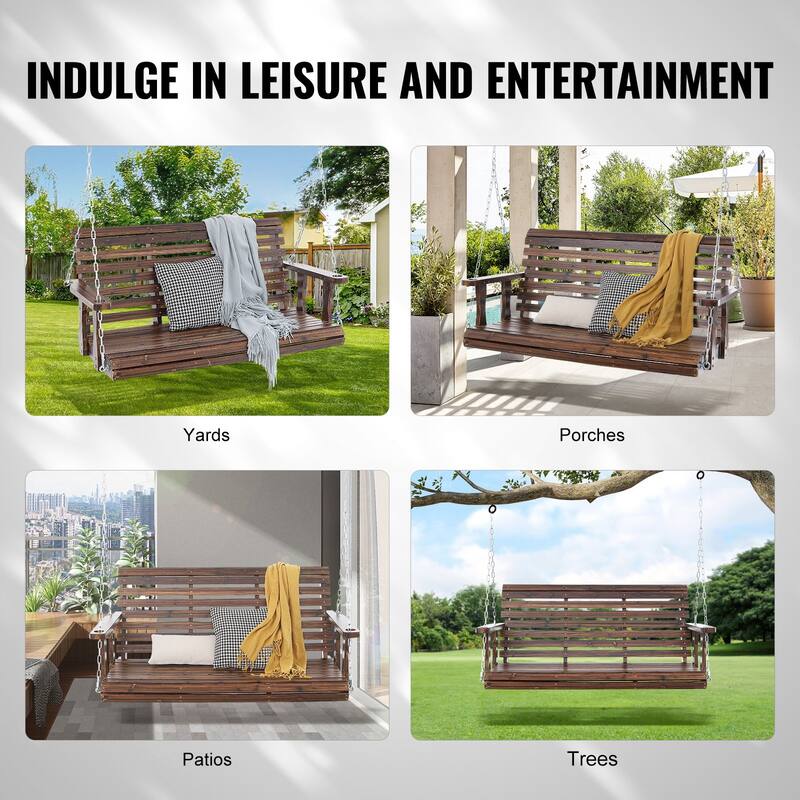 Carbonized Brown Cedar Wood Porch Swing with Chains and 880lb Load Capacity - 54” L x 28” W x 23.6” H