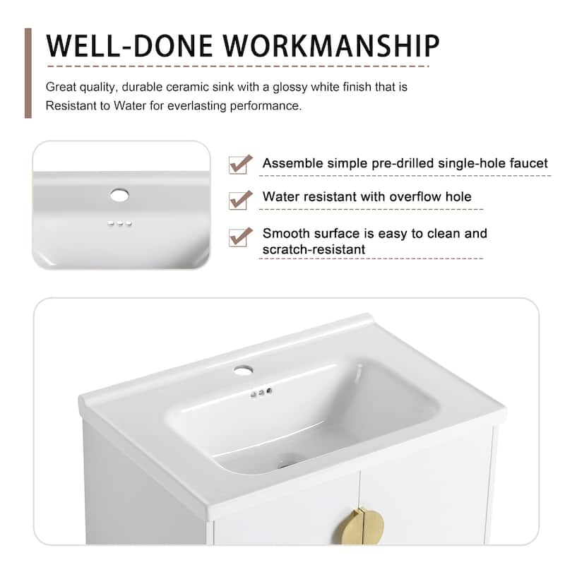 24/28 inch Wall Mounted Bathroom Vanity Set in White with Integrated Ceramic Sink