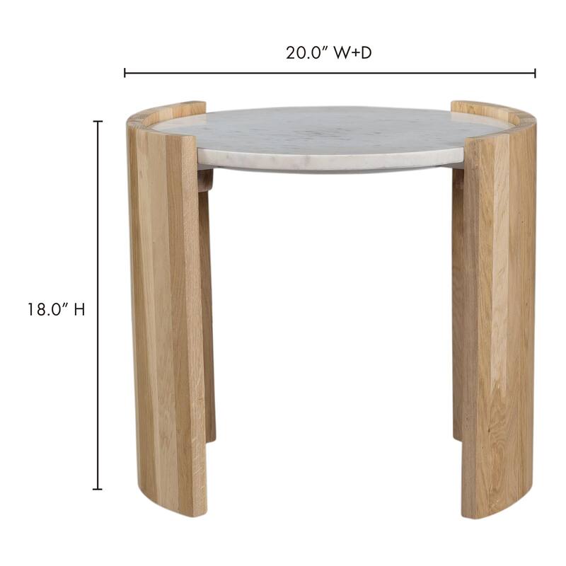 NADAAL STUDIOS Crest Side Table, Banswara White Marble Top, Solid Oak Base, Oval, White