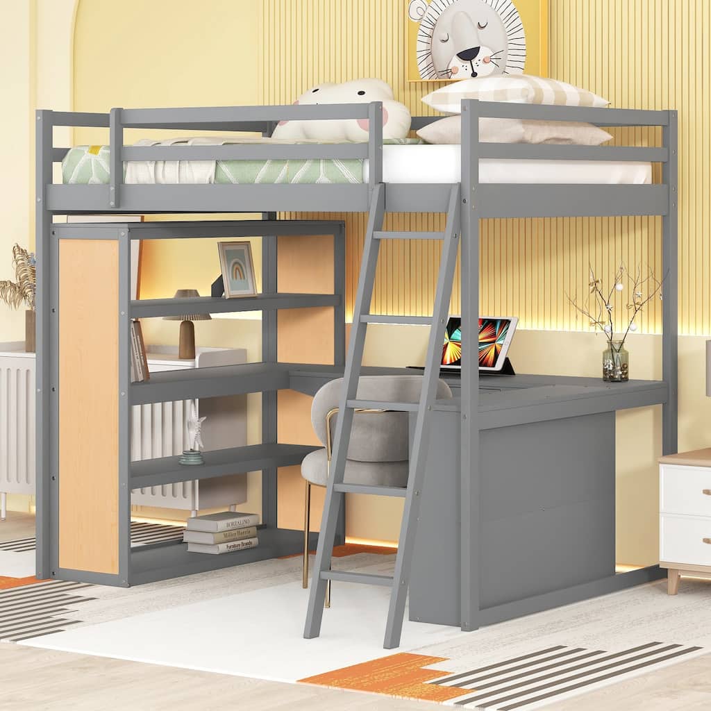 Roomfitters Full Size Loft Bed with Ladder, Shelves, and Desk, Solid Wood Frame, Space-Saving Study Bedroom Furniture, Gray