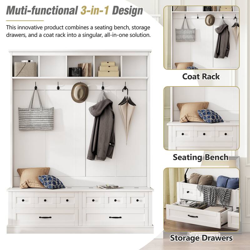 Elegant Wide Hall Tree with 5 Hooks, Versatile Entryway Lift Top Storage Bench with 2 Drawers