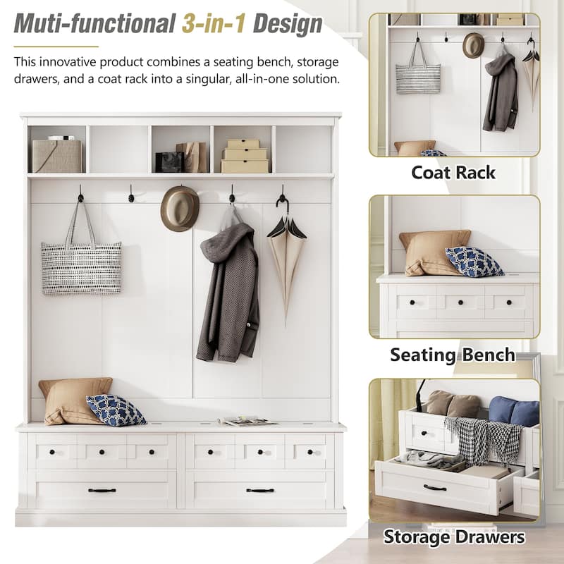 Roomfitters Elegant Wide Hall Tree with Lift-Top Bench, Wooden Mudroom Organizer with 5 Coat Hooks and 2 Storage Sections