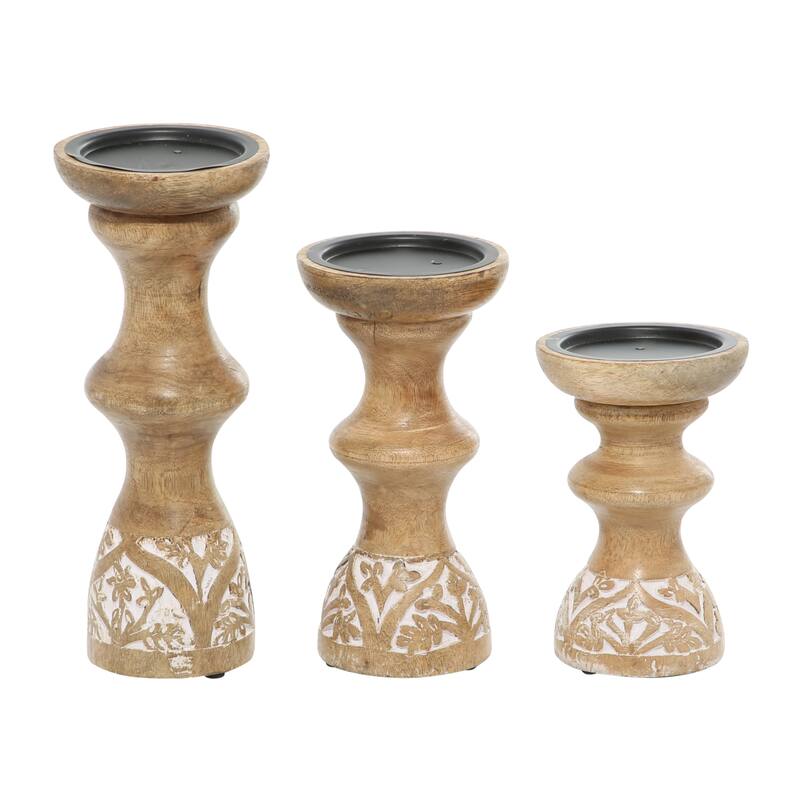 Wood Candle Holder - Set of 3 Brown - Roche River Decor - 4"W x 4"L x 10"H