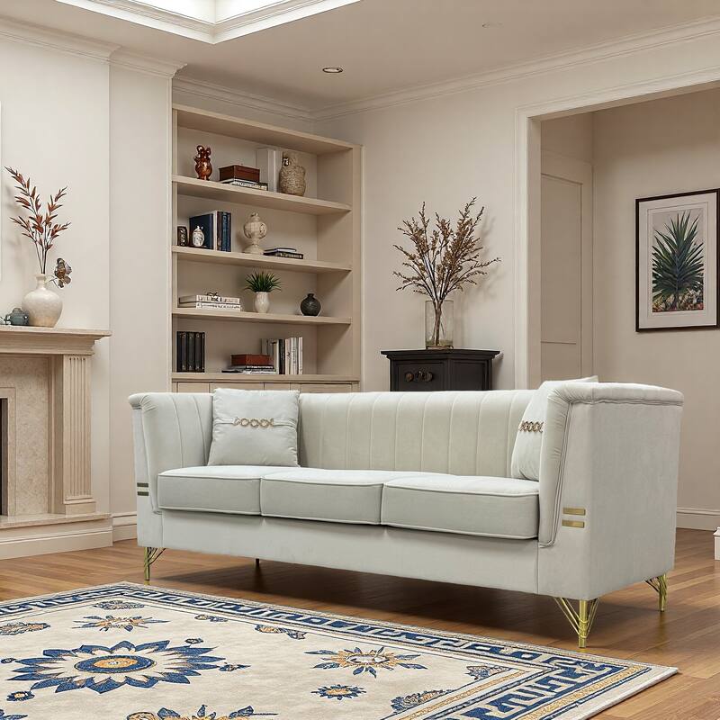 Chesterfield Velvet Button Tufted Sofa, Luxury 3-Seater Couch with 2 Pillows