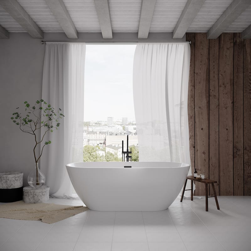 RAINLEX Oval Shaped Acrylic Freestanding Bathtub, Acrylic Glossy White Soaking Tub with Overflow and Pop-up Drain - Small