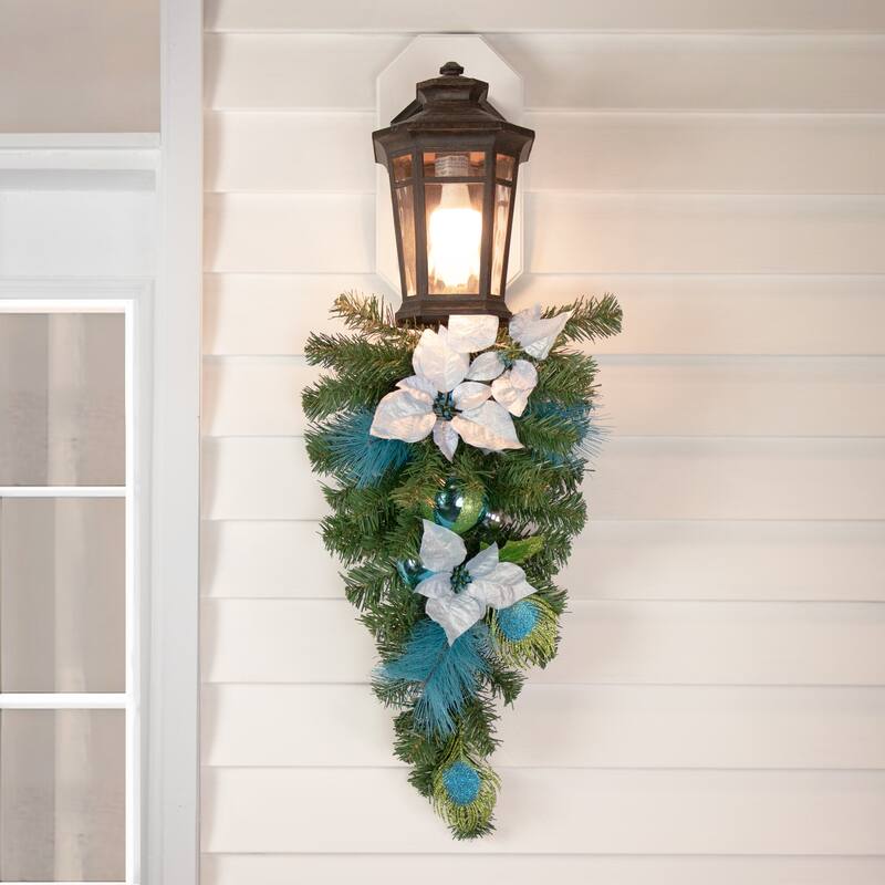 22" Peacock Feather Poinsettia Artificial Christmas Teardrop Swag