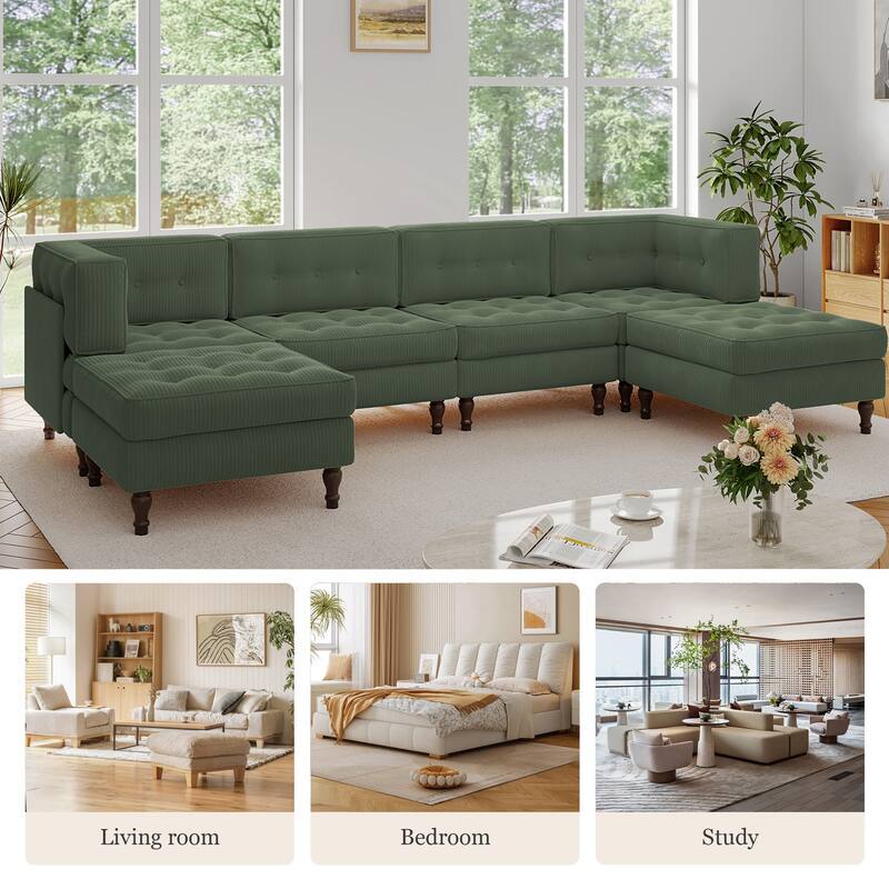 130"W Corduroy Upholstered Modular Sectional Sofa with Storage Ottoman