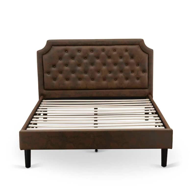 Queen Size Bed Frame - Upholstered Headboard, Wood Rails & Slats - Black Finish