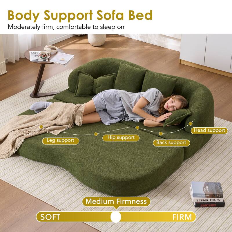 2-in-1 Foldable Sofa Bed, 70" Convertible Boneless Couch Sleeper with 4 Pillows, Chenille Foam Futon for Living Room