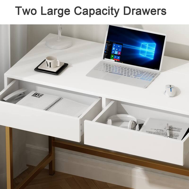 40" Charging Station Desk with 2 Outlets & 2 USB Ports - 2-Drawer Computer/Vanity Desk for Office or Bedroom