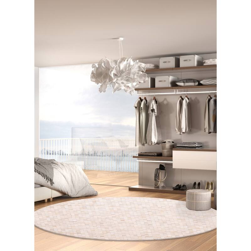 ECARPETGALLERY Handmade Cowhide Patchwork Beige, Ivory Leather Rug - 7' x 7'