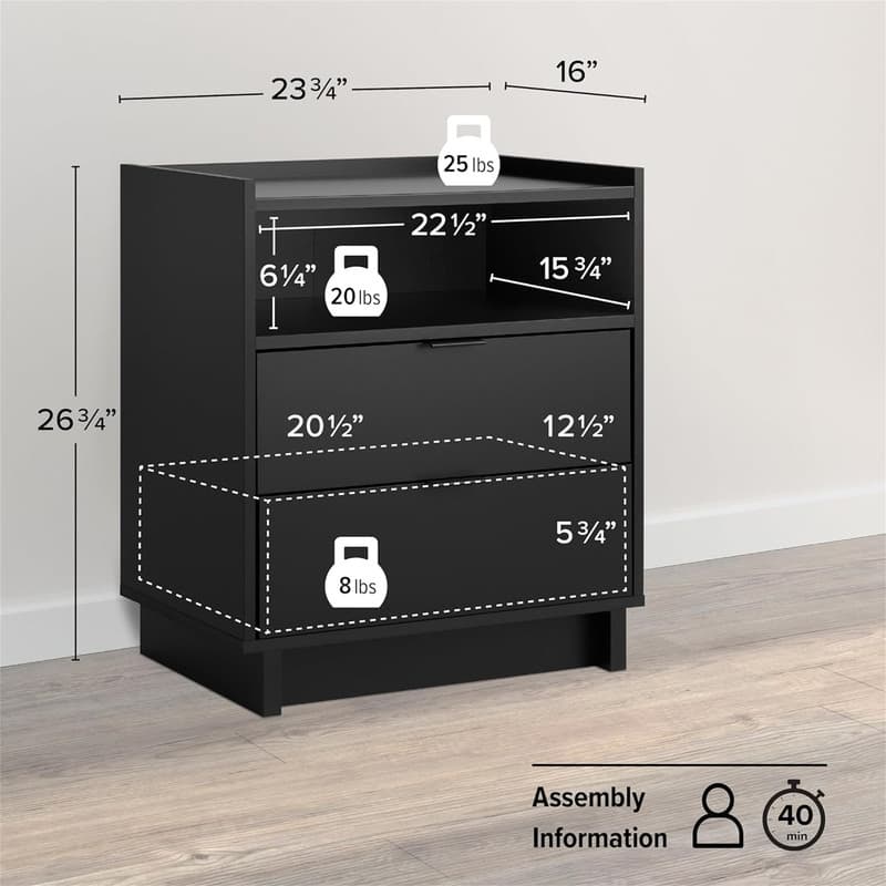 2 Drawer Nightstand Simple Black