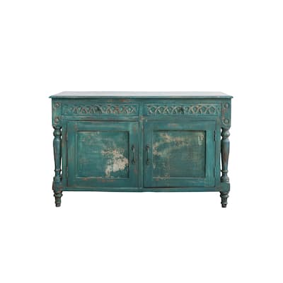 Distressed Hand-Painted Carved Mango Wood Vintage Reproduction Cabinet, Teal - 47.0"L x 20.0"W x 39.0"H