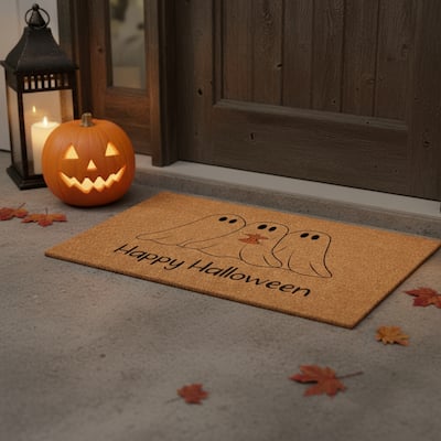 HomeRoots 24" X 36" Natural And Black Friendly Ghosts Happy Halloween Outdoor Coir Door Mat - 24.00' X '36.00