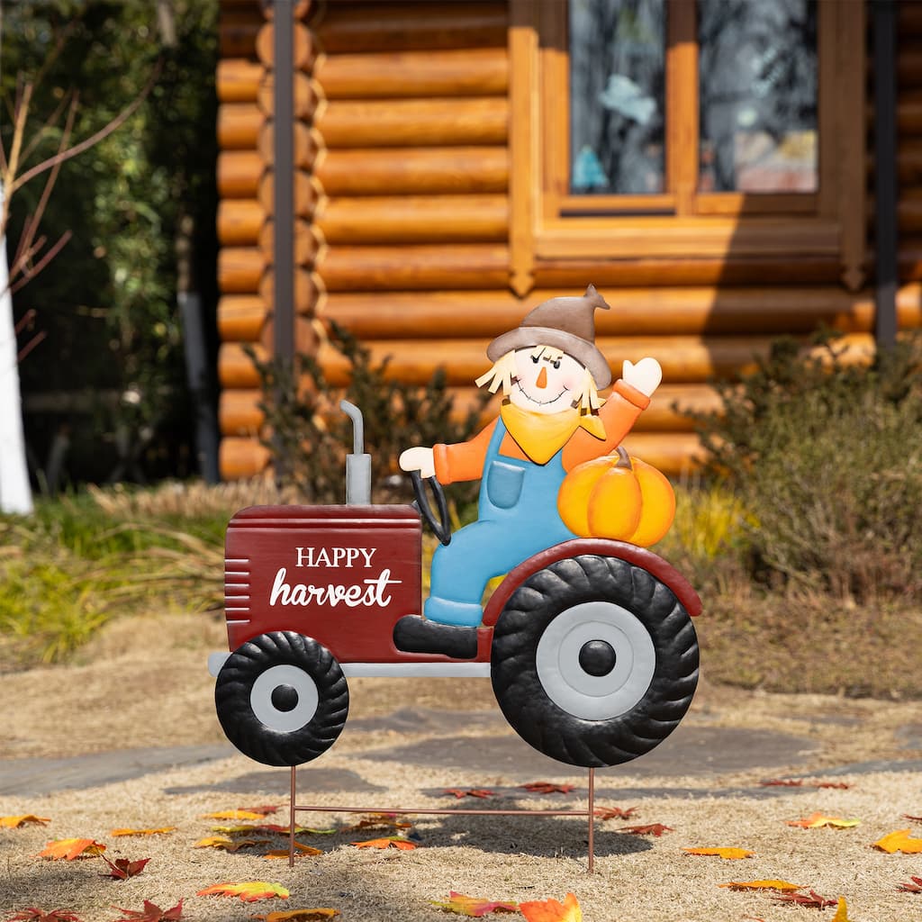 Glitzhome 30"H Fall Metal Tractor & Scarecrow Yard Stake