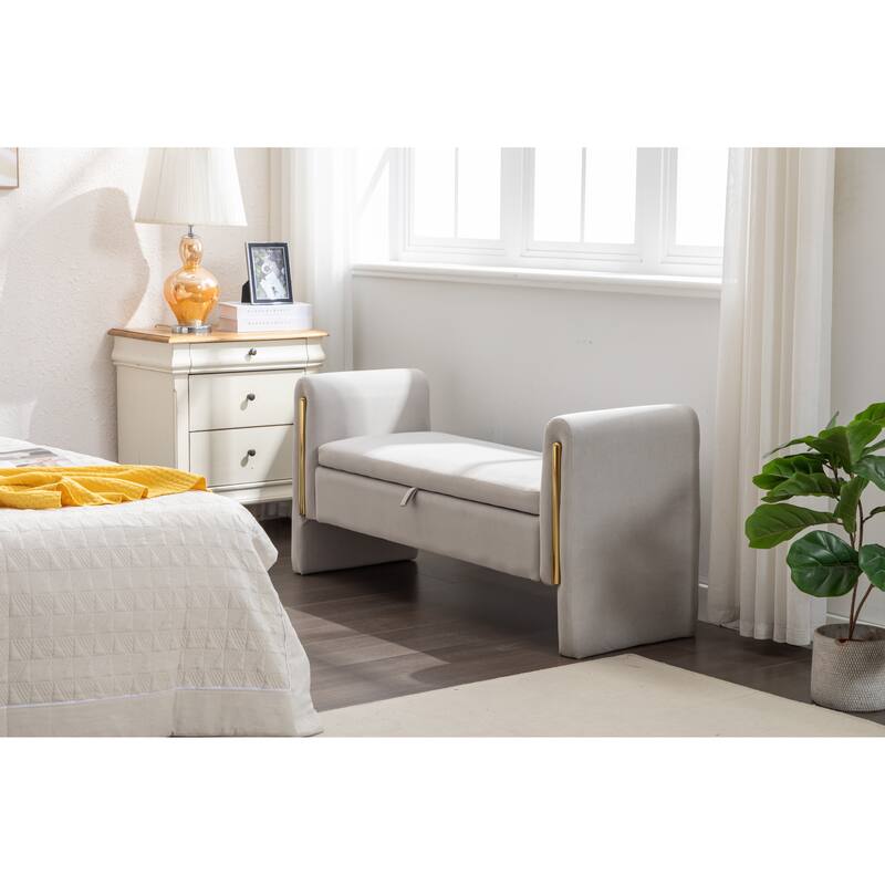 53" Modern Storage Bench with 300lb Seating, Velvet Upholstered Bed Bench with Wood Legs Safety Hinge