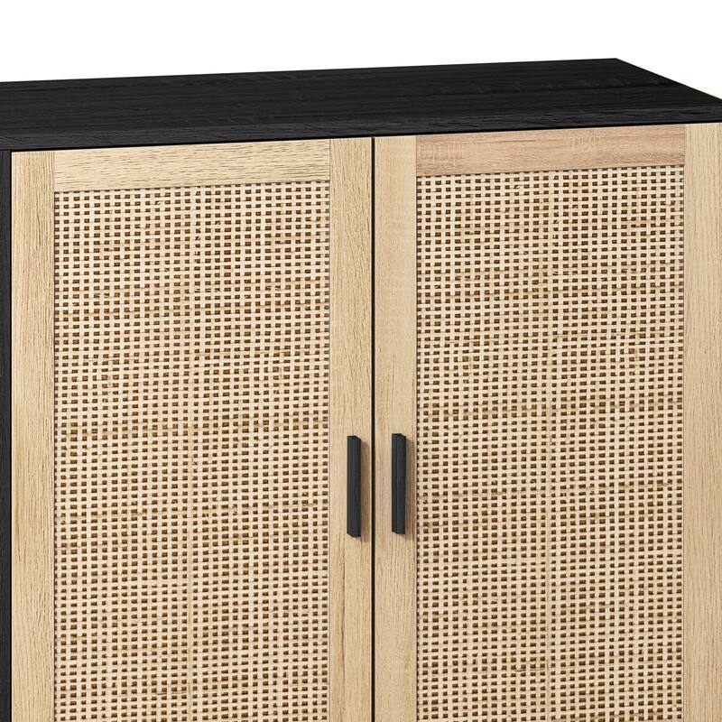 Kitchen Buffet Cabinet with Rattan Decorated Doors, Coffee Bar Cabinet Rattan Sideboard Console Table (Black with 4 Doors)