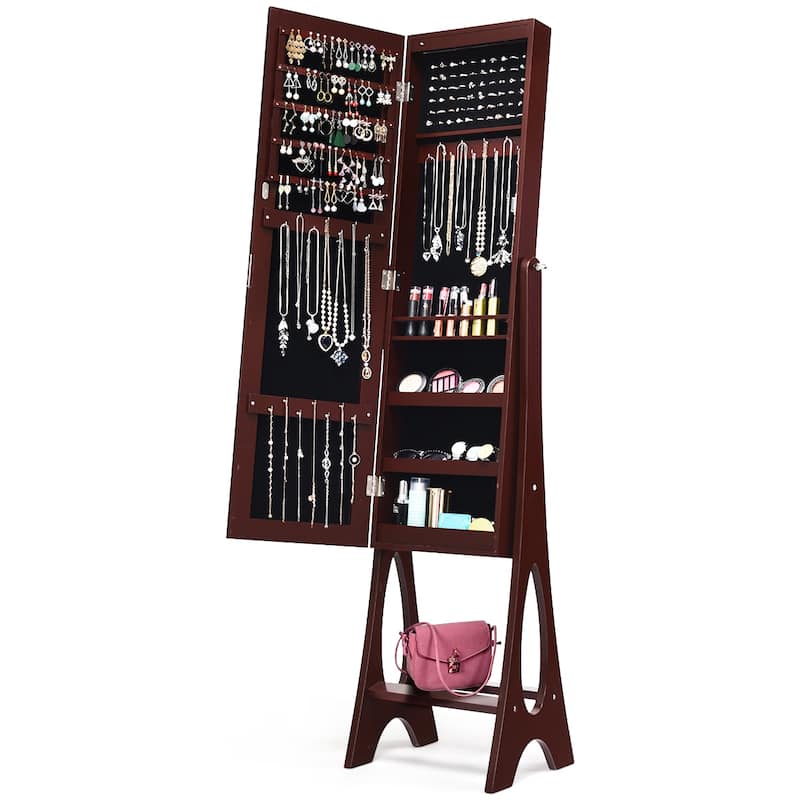 Costway LED Jewelry Cabinet Organizer Bevel Edge Mirrored Standing