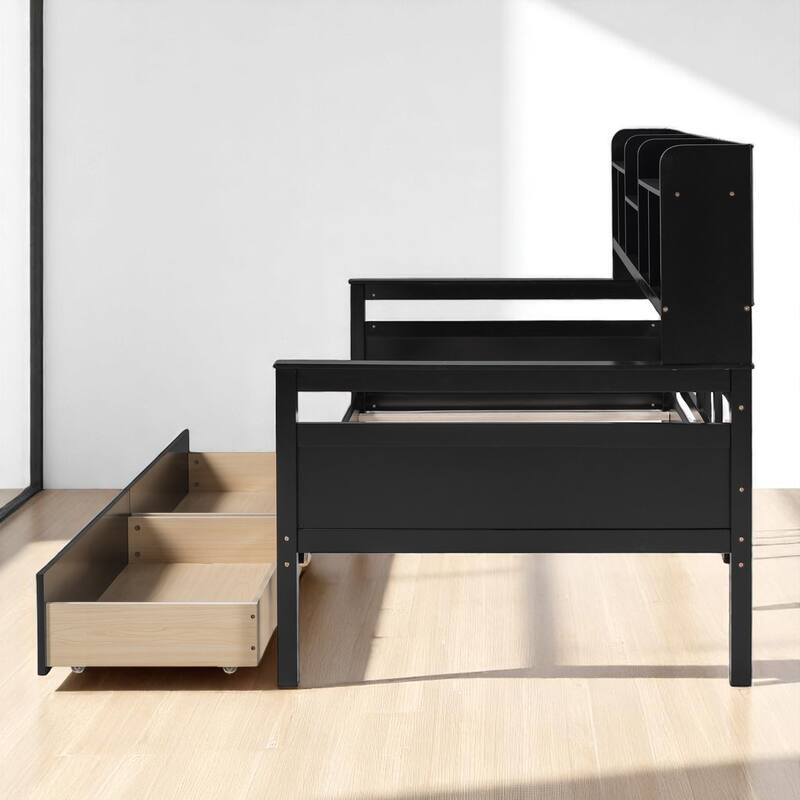 Wooden Twin/Full Daybed with 2 Storage Drawers and Bedside Shelves, No Box Spring Needed, Modern Design