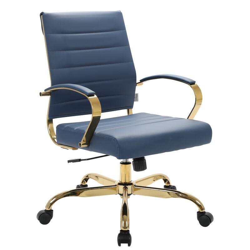 Benmar Mid-Back Leather Office Desk Chair in Gold Stainless Steel Frame Adjustable Height Tilt Lock 360 Swivel Ergonomic Chair - Navy Blue