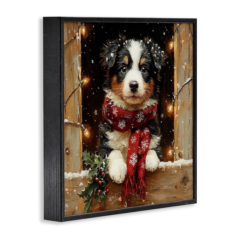 Stupell Snowy Christmas Lights Puppy Framed Giclee Art Design By Riley B