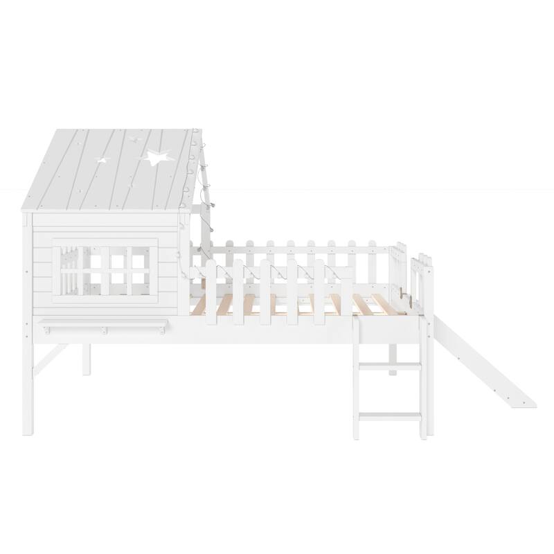 Full Size House Loft Bed with Slide,Playhouse Bed with Star Moon-shaped Designs and Window, Chic Design with LED Lights