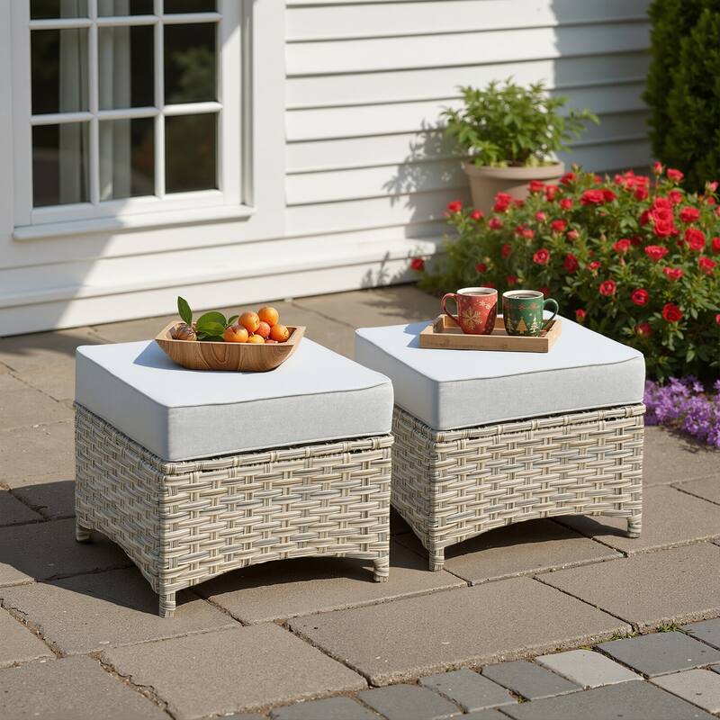 XIZZI Patio Wicker Ottoman with Cushion Outdoor Footrest - Grey