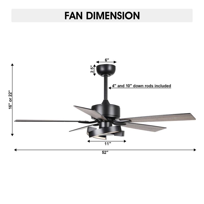 52" Black Wooden 5-Blade Dimmable Modern Ceiling Fan with Light and Remote