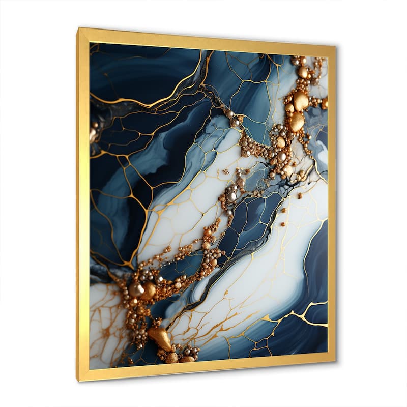 Designart "Gold And Blue Geode Art III" Abstract Liquid Ink Wall Decor Gold - Modern Living Room Framed Canvas Art